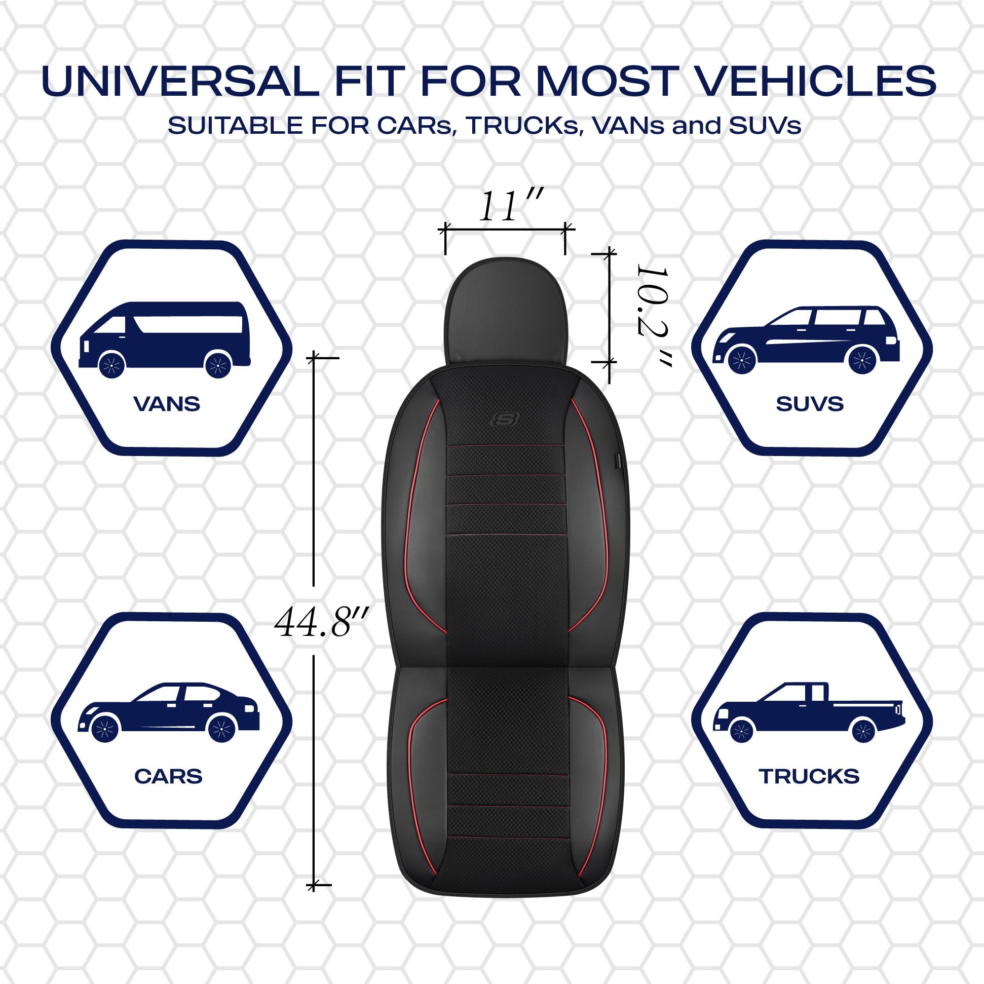 Skechers universal-fit front seat coverage fits most cars, trucks, vans, and SUVs