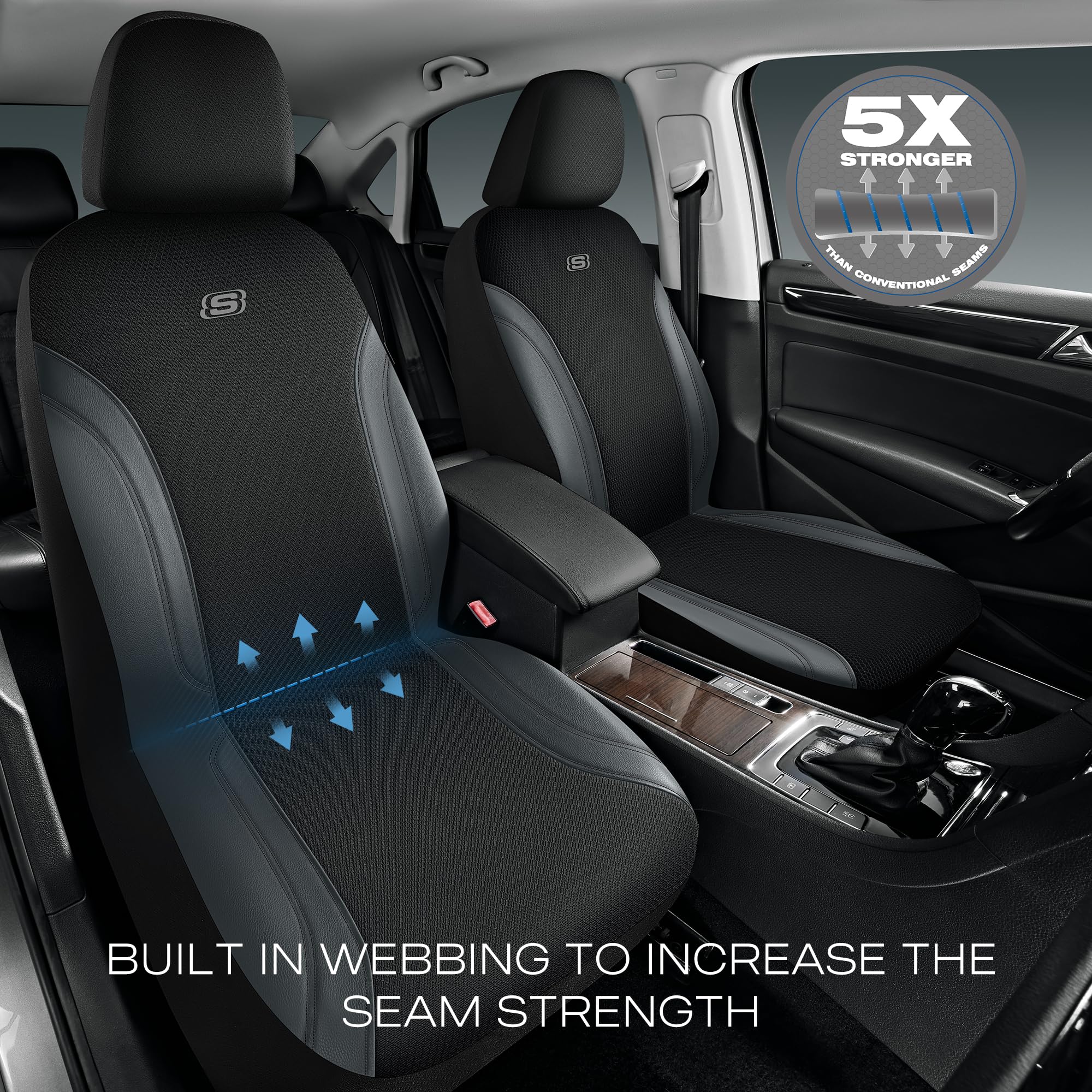 Skechers Work seat covers with built-in webbing for reinforced durability.
