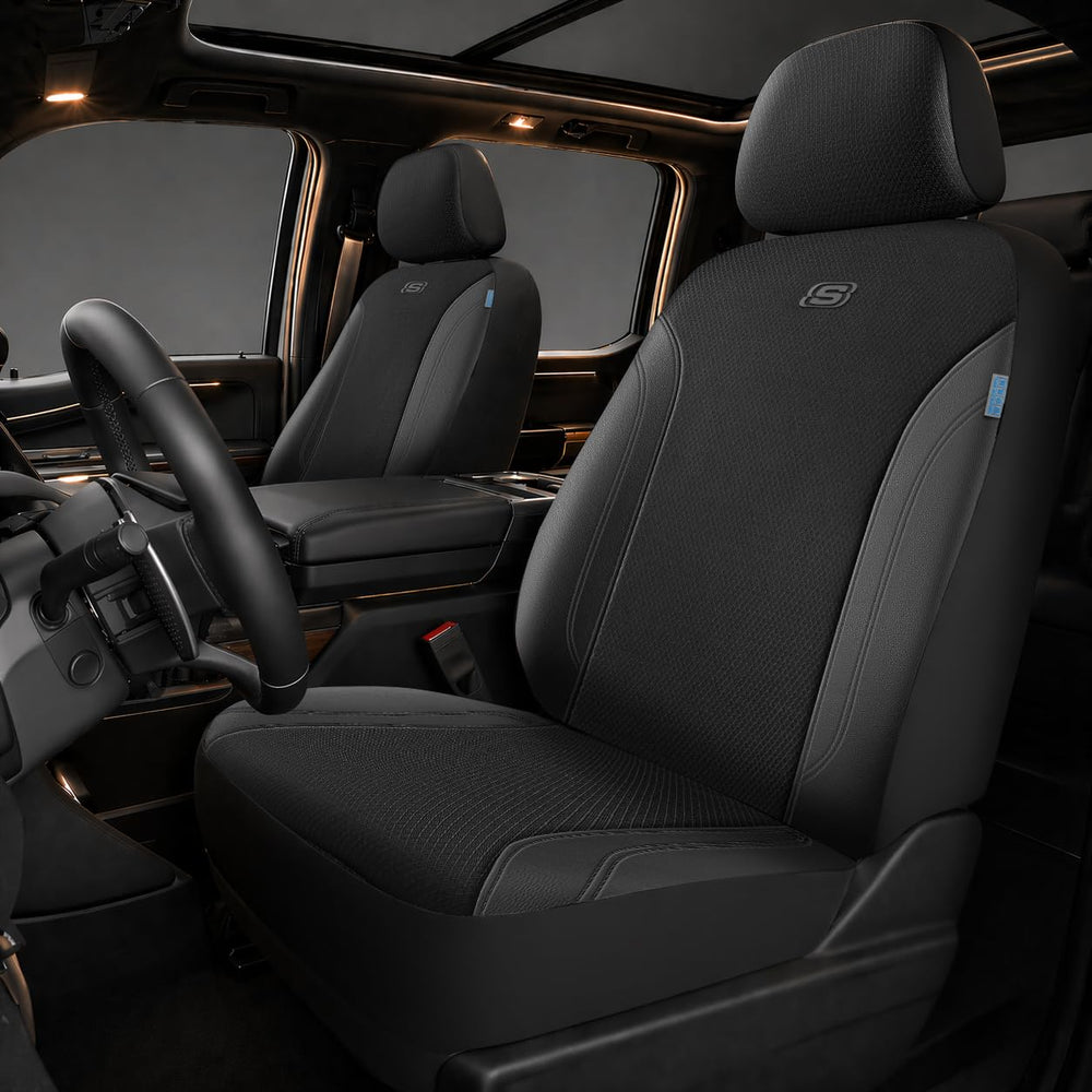 Skechers Work Seat Covers on the front seat with leather and Oxford fabric for durable protection.