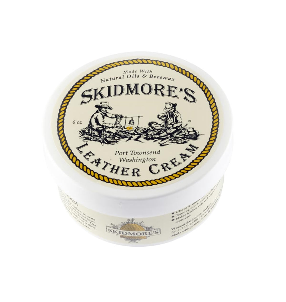 Skidmore's Leather Cream bottle pour provides quick conditioning and protection.