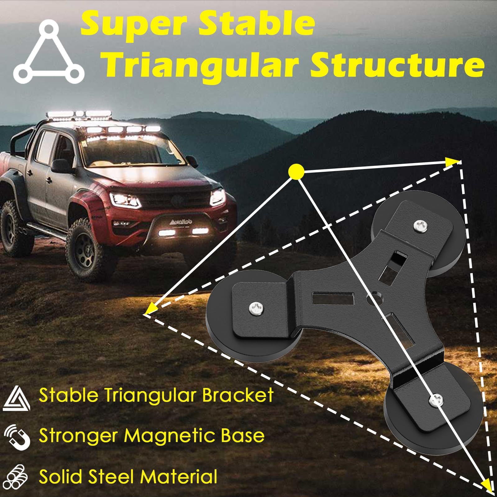 SKNOOY triangular magnetic mount design stabilizing a light bar on rough terrain