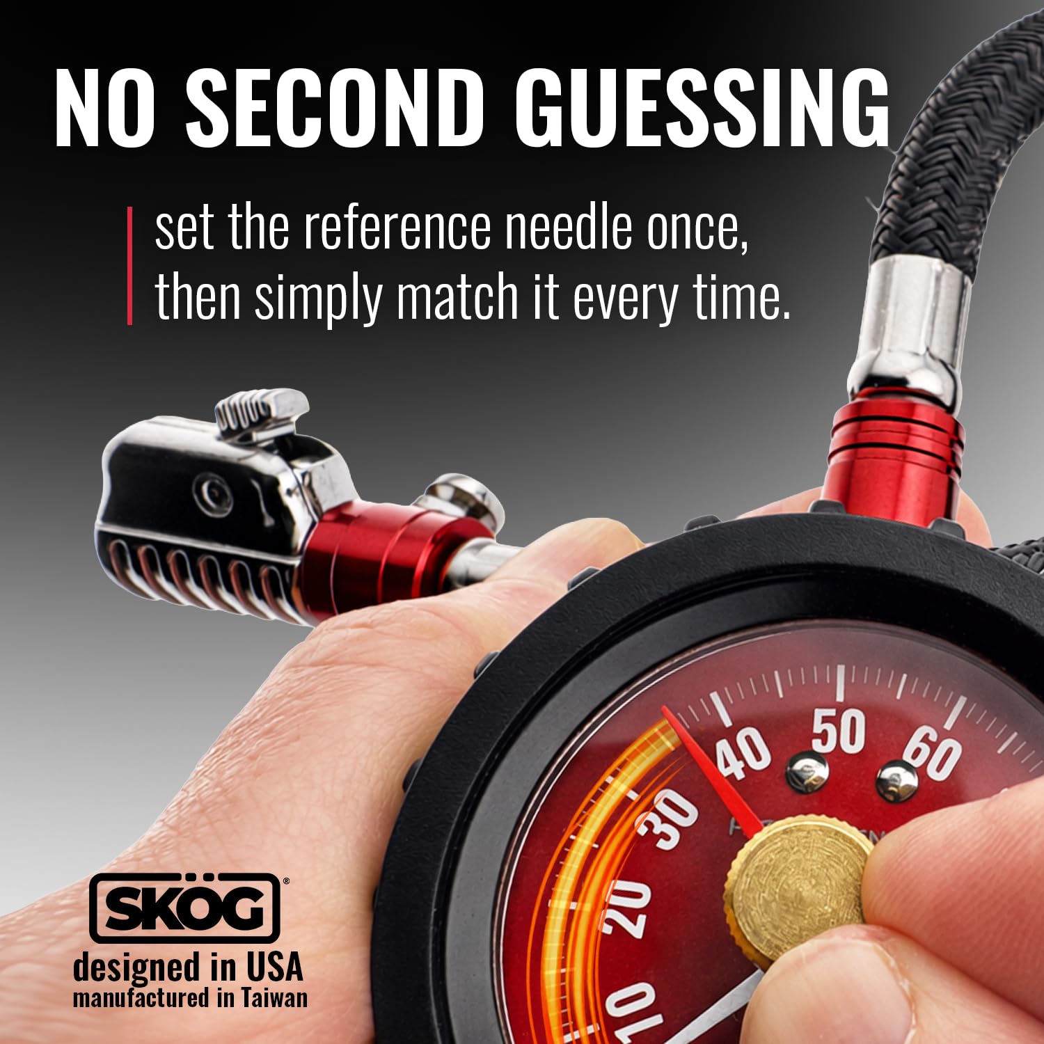 SKÖG locking chuck and 7-inch hose reach tight valves with a secure seal.
