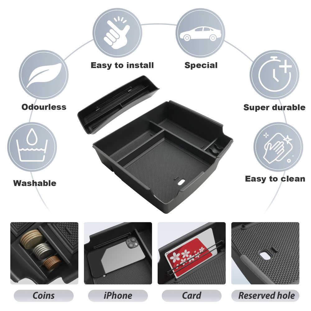 Non-slip mat reduces rattling in the SKTU center console organizer