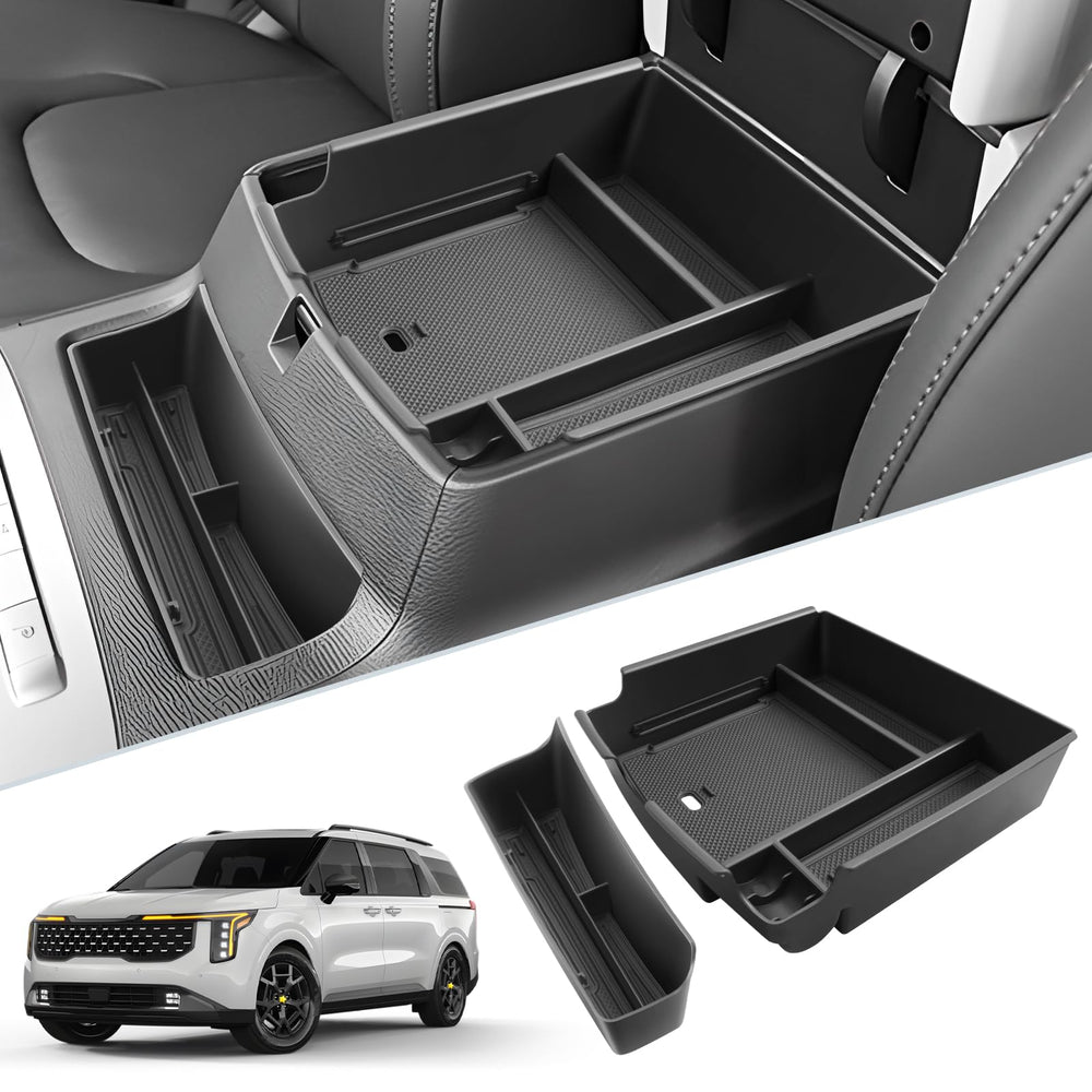 SKTU 2Pack center console organizer for Kia Carnival top view showing tidy, accessible storage