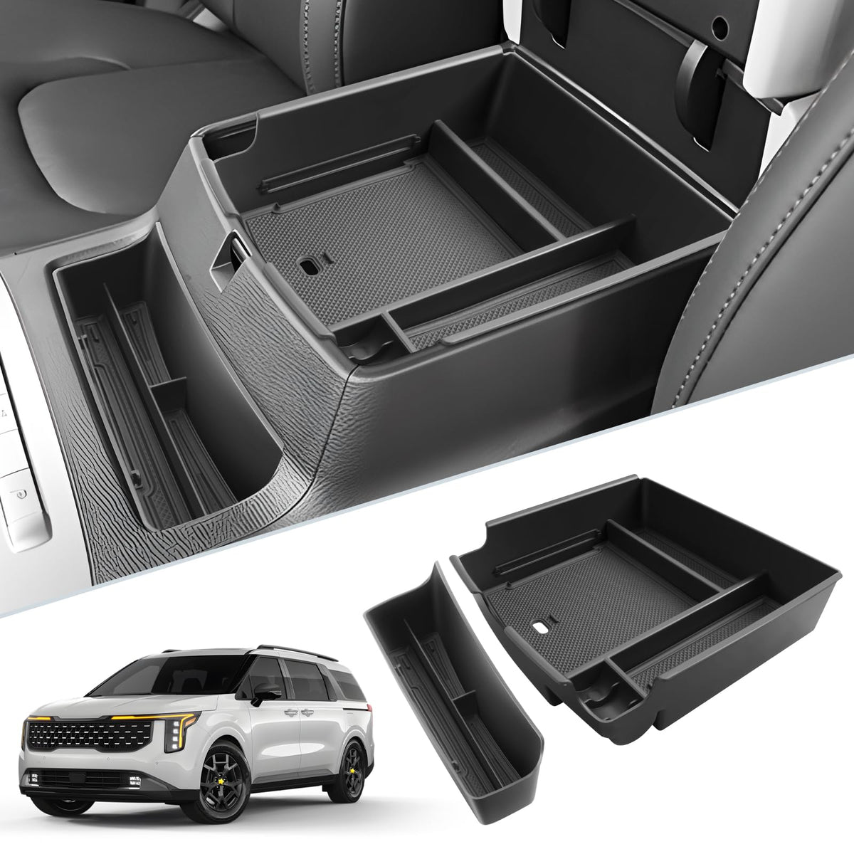 SKTU 2Pack center console organizer for Kia Carnival top view showing tidy, accessible storage