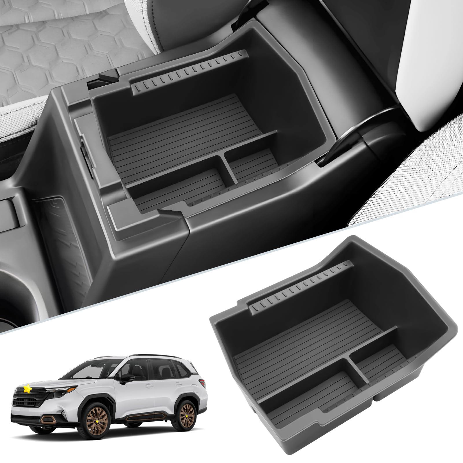 SKTU Forester center console organizer close-up showing high-quality ABS and rubber for tidy storage.