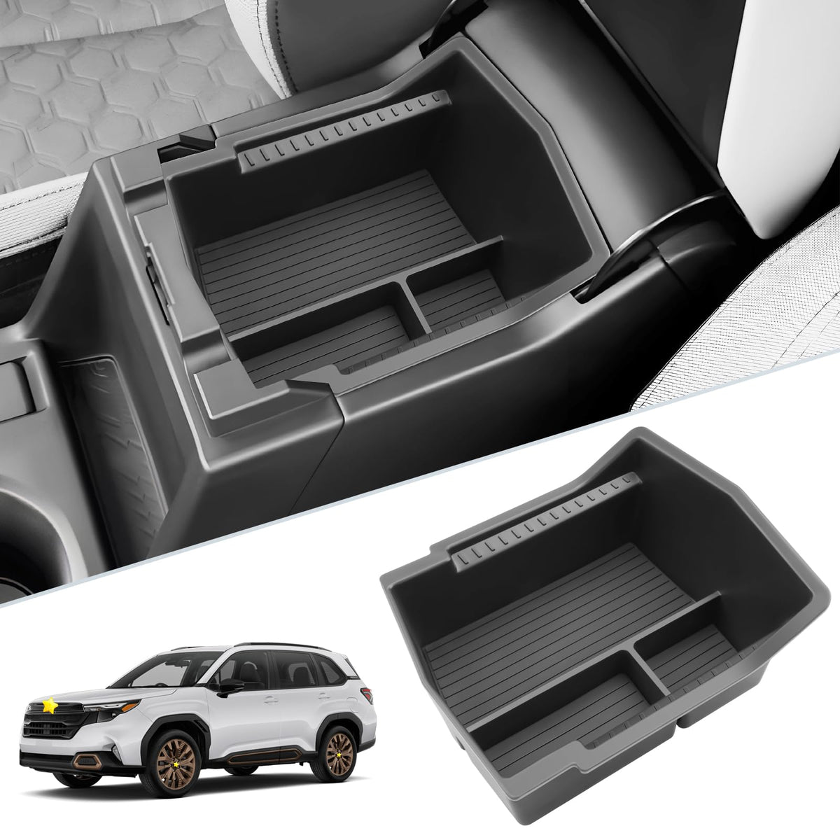 SKTU Forester center console organizer close-up showing high-quality ABS and rubber for tidy storage.
