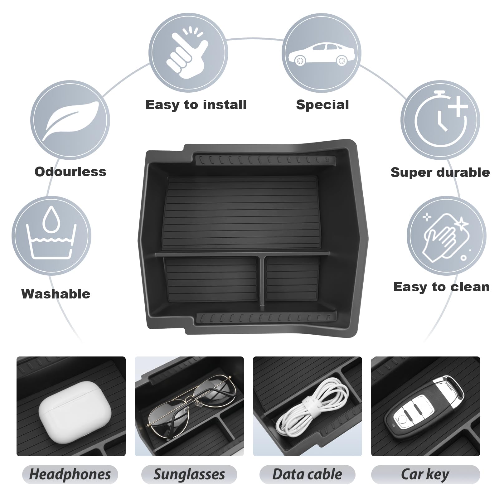 Non-slip mat prevents rattling, keeping items secure during drives.