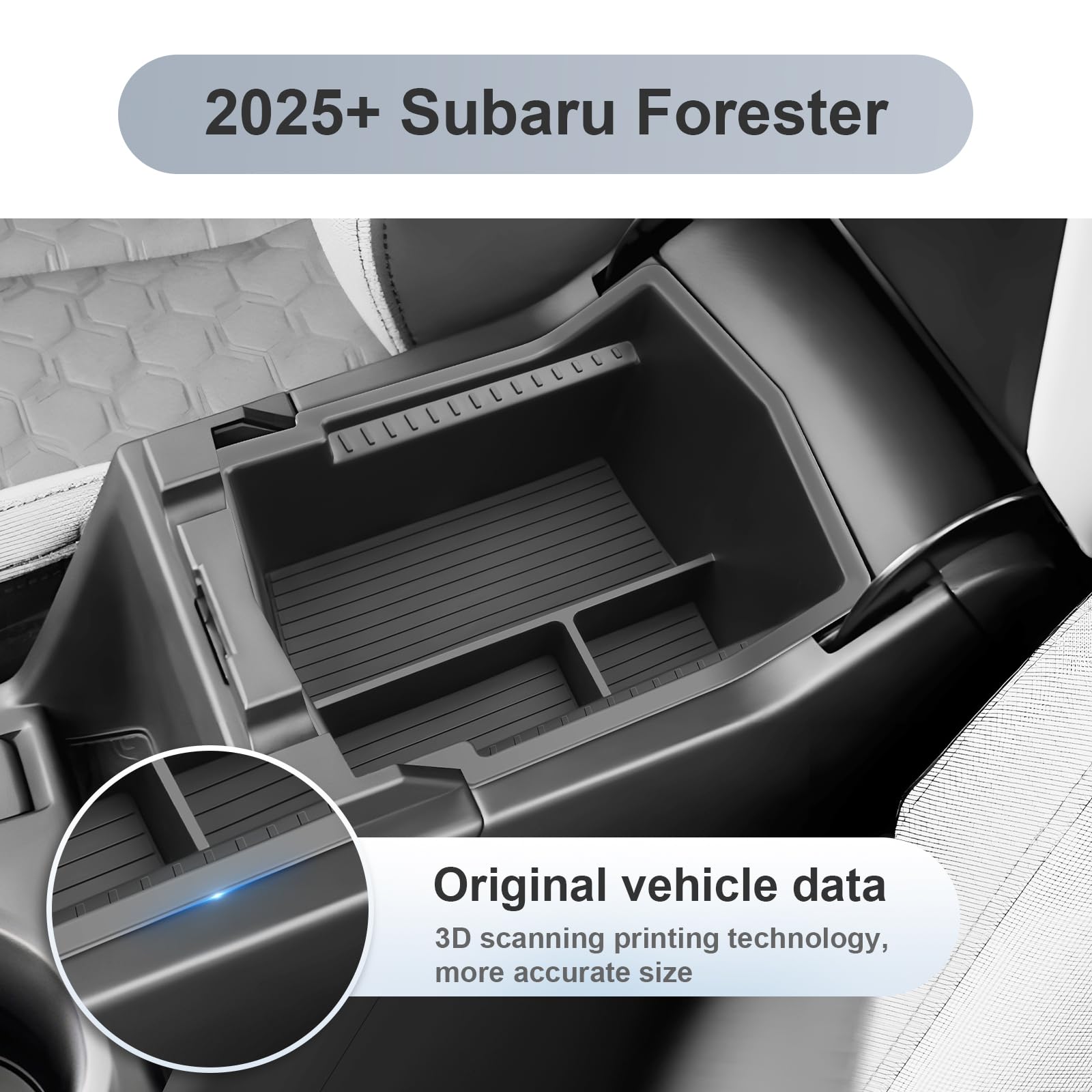 Upper and lower layers organize small items to maximize Forester console space.