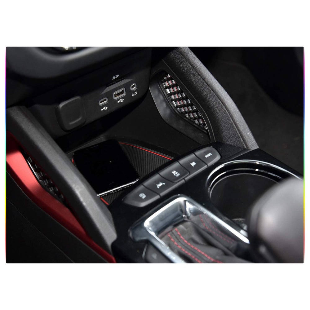 SKTU Trailblazer armrest storage mat in red helps prevent clutter.