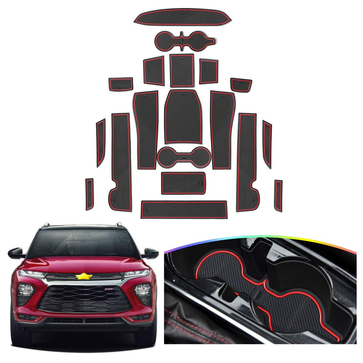 SKTU Trailblazer front door compartment mat in red protects against dust and spills.