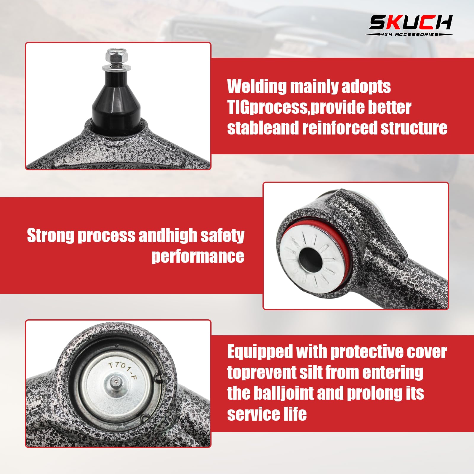 Urethane bushings improve drivability on rough roads.