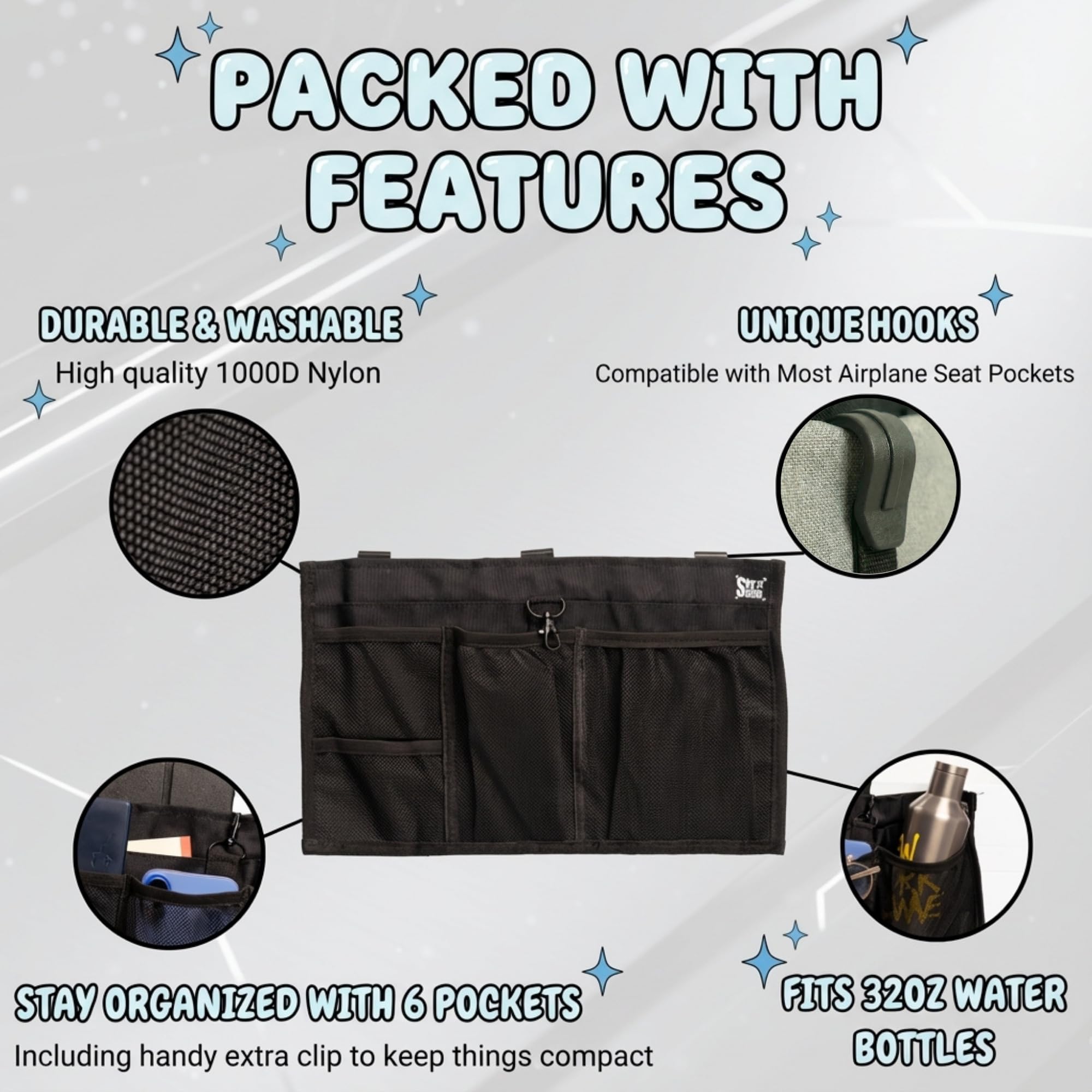 SKY STASH large pocket stores tablets, books, or snacks