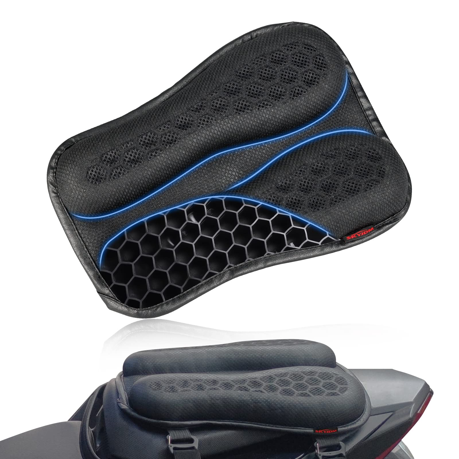 SkyJDM foldable passenger cushion for motorcycles folded for easy carrying.