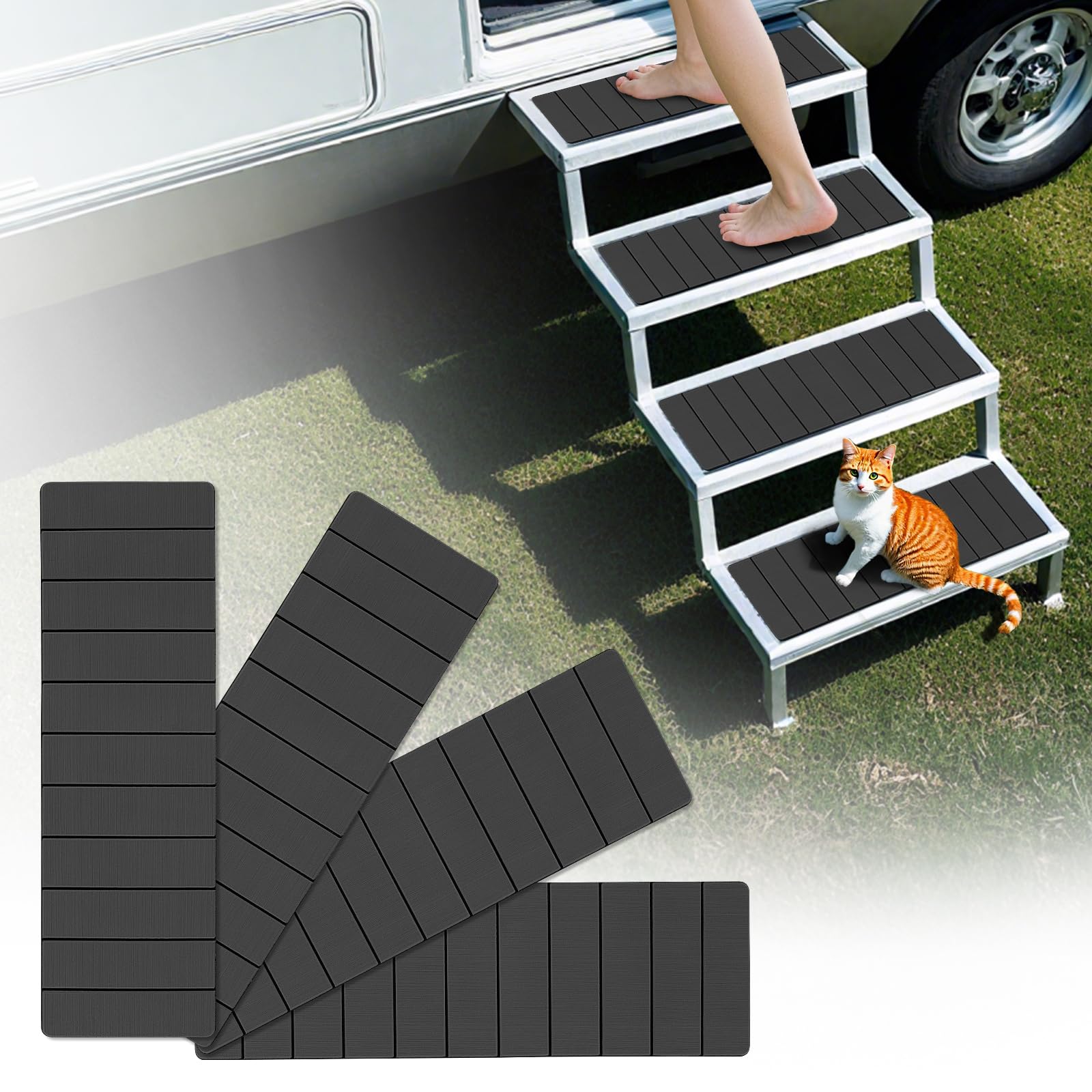 SkyJDM RV step covers with a non-slip foam surface for safer footing on outdoor stairs.