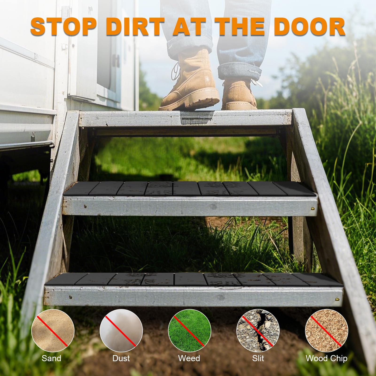 SkyJDM RV step covers use a V-groove surface to help remove dirt at foot level.