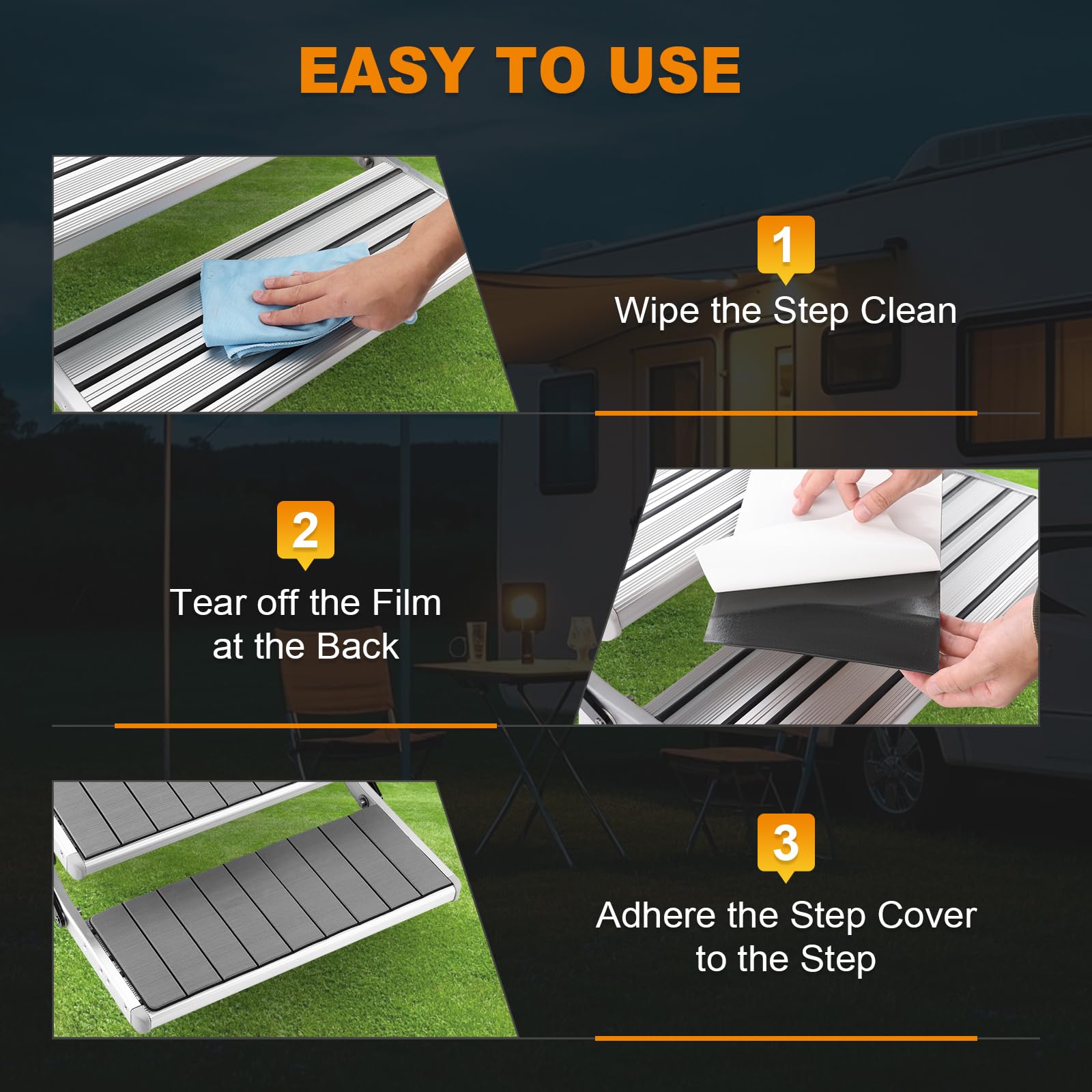 Keeps RV entryways dry by reducing dirt and mud carried inside