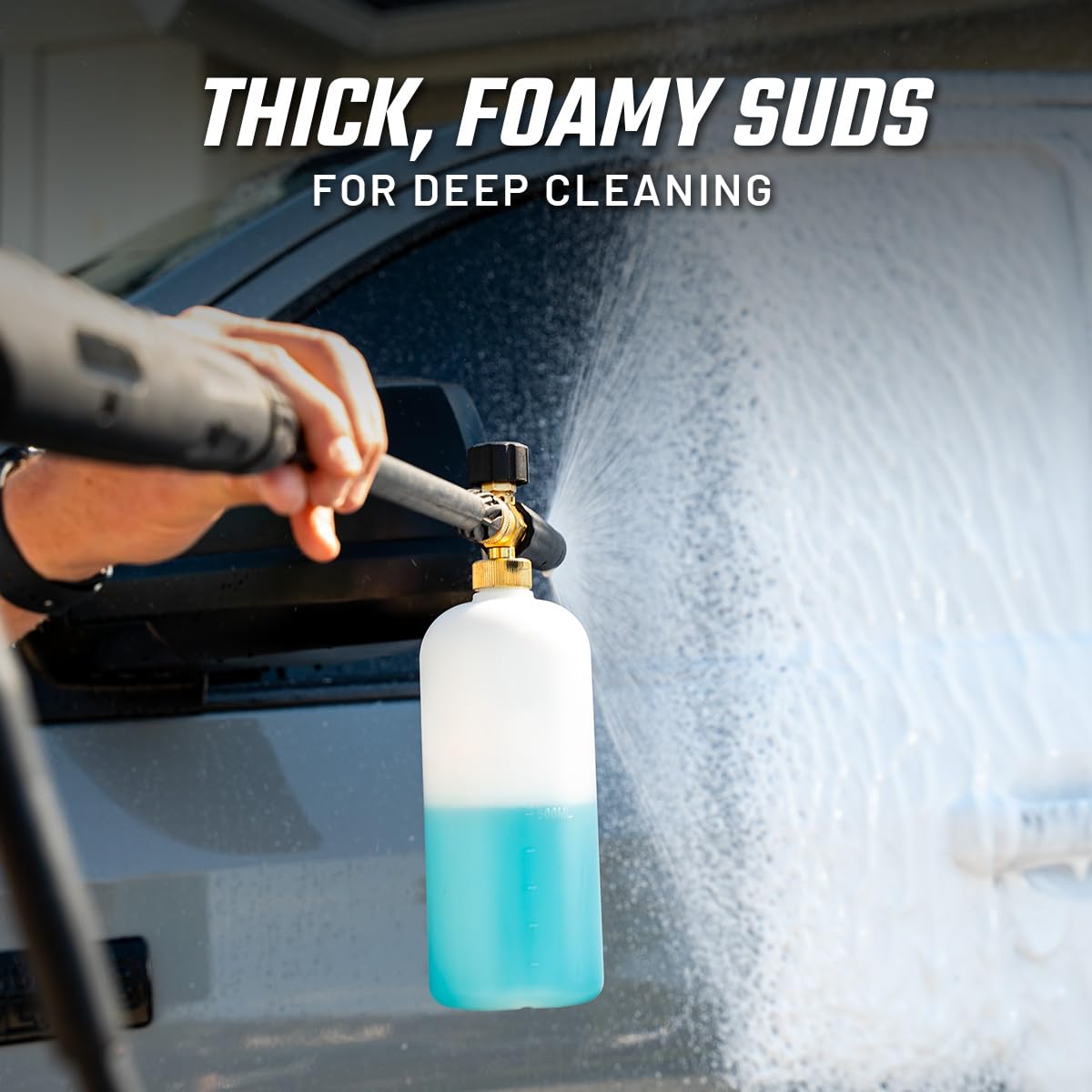 Slick Products foam cannon attachment ready to connect to a pressure washer for rich foam.