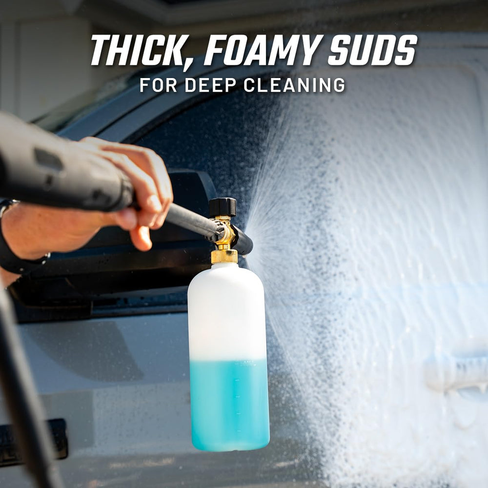 Slick Products foam cannon attachment ready to connect to a pressure washer for rich foam.