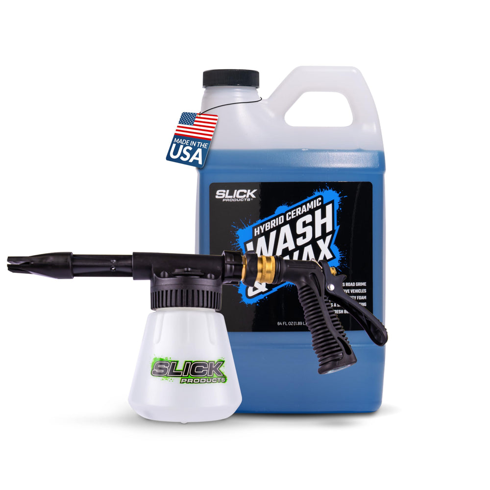 Slick Products Wash and Wax bottle close-up highlighting premium formula for easy cleaning