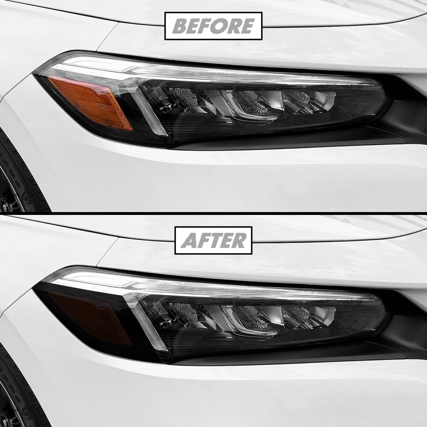 SlickMod smoke tint applied to 2022-2023 Honda Civic front headlights for a bolder look