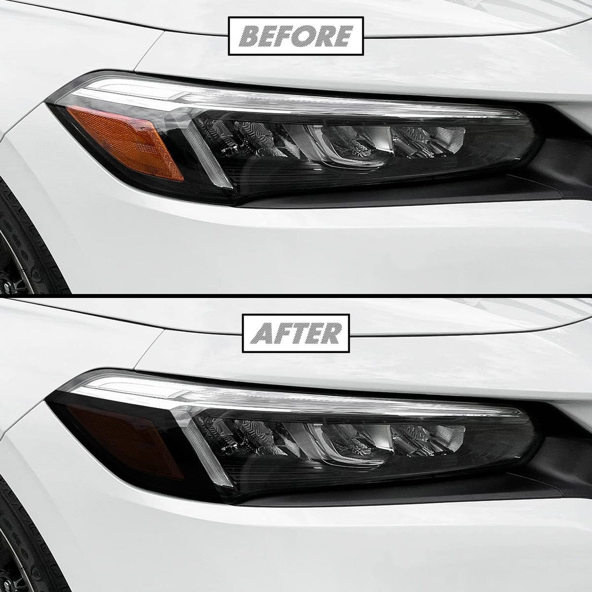SlickMod smoke tint applied to 2022-2023 Honda Civic front headlights for a bolder look