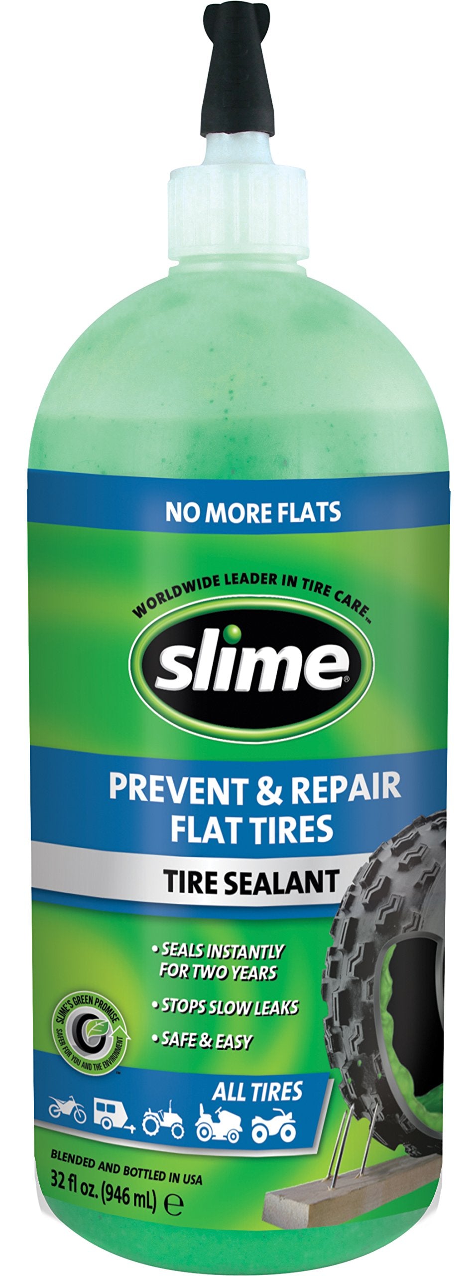 Slime 10009 tubeless tire sealant bottle for quick, reliable puncture repair on tubeless tires.