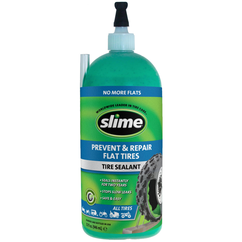 Slime 10009 sealant bottle close-up for quick puncture sealing in tubeless tires.