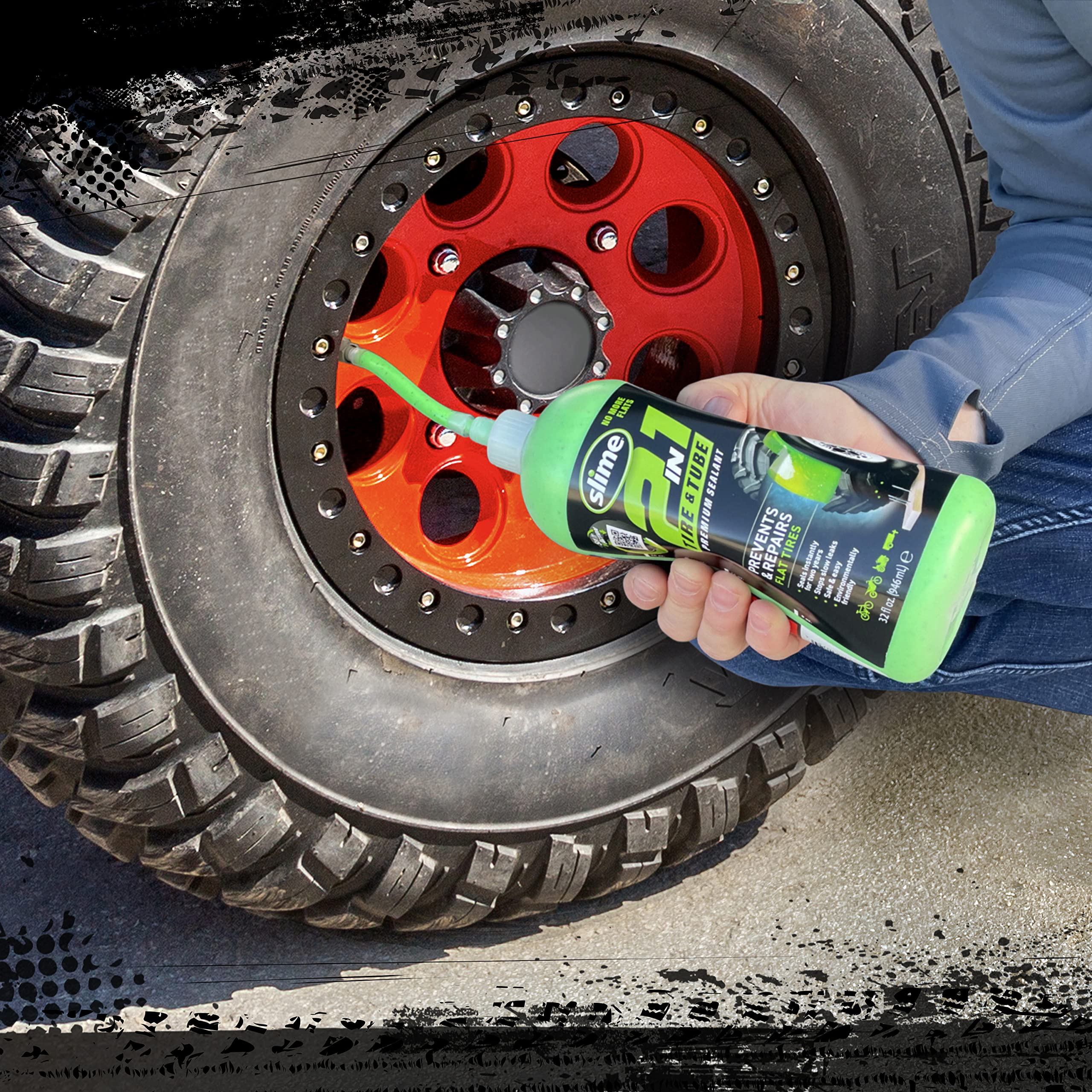 Slime 10194 sealant application close up demonstrates puncture sealing in tires.