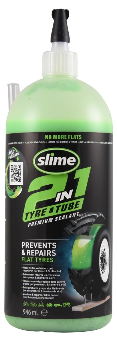 Slime 10194 2-in-1 sealant bottle pour demonstrates easy application for fast puncture protection.