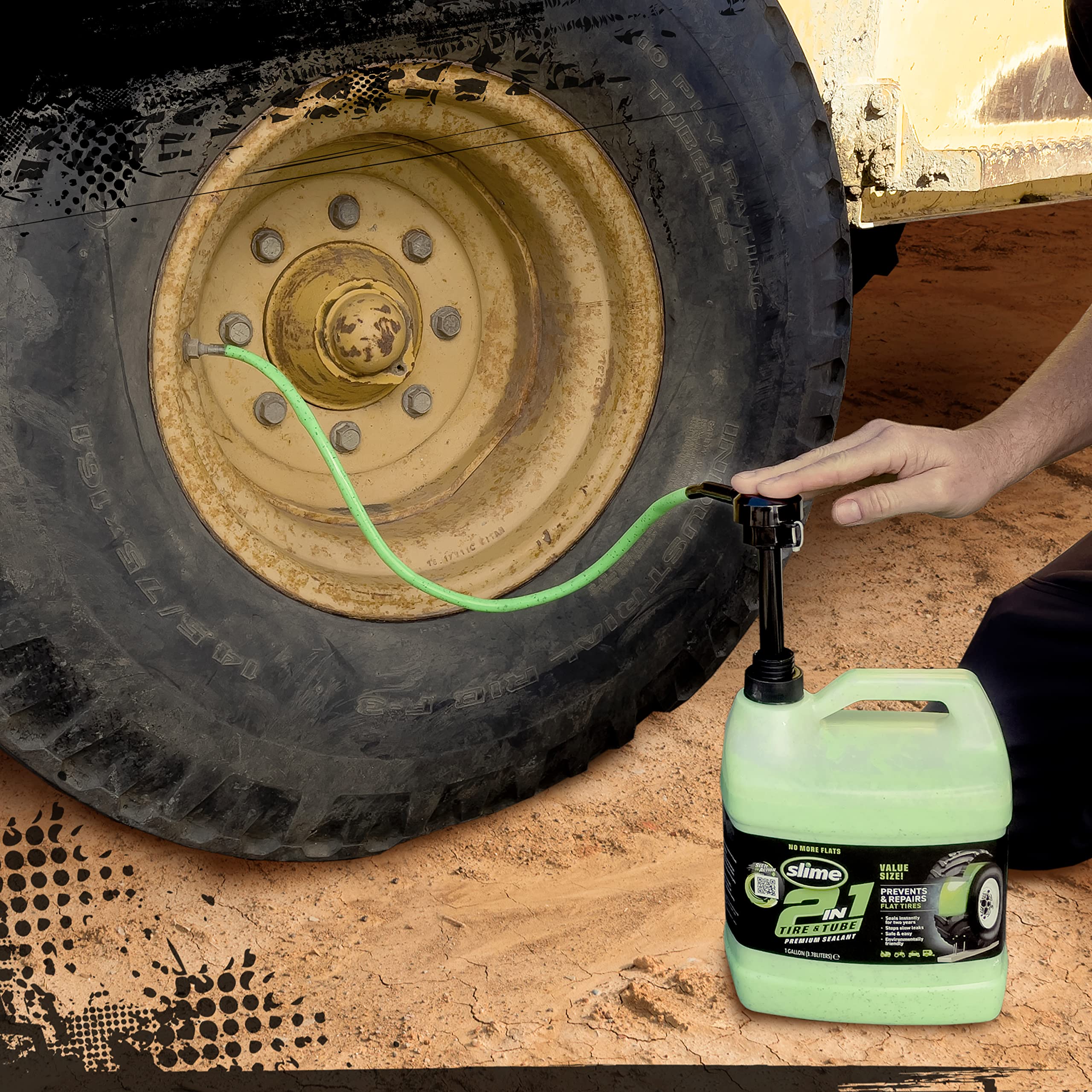 Slime sealant being applied to an off-road tire