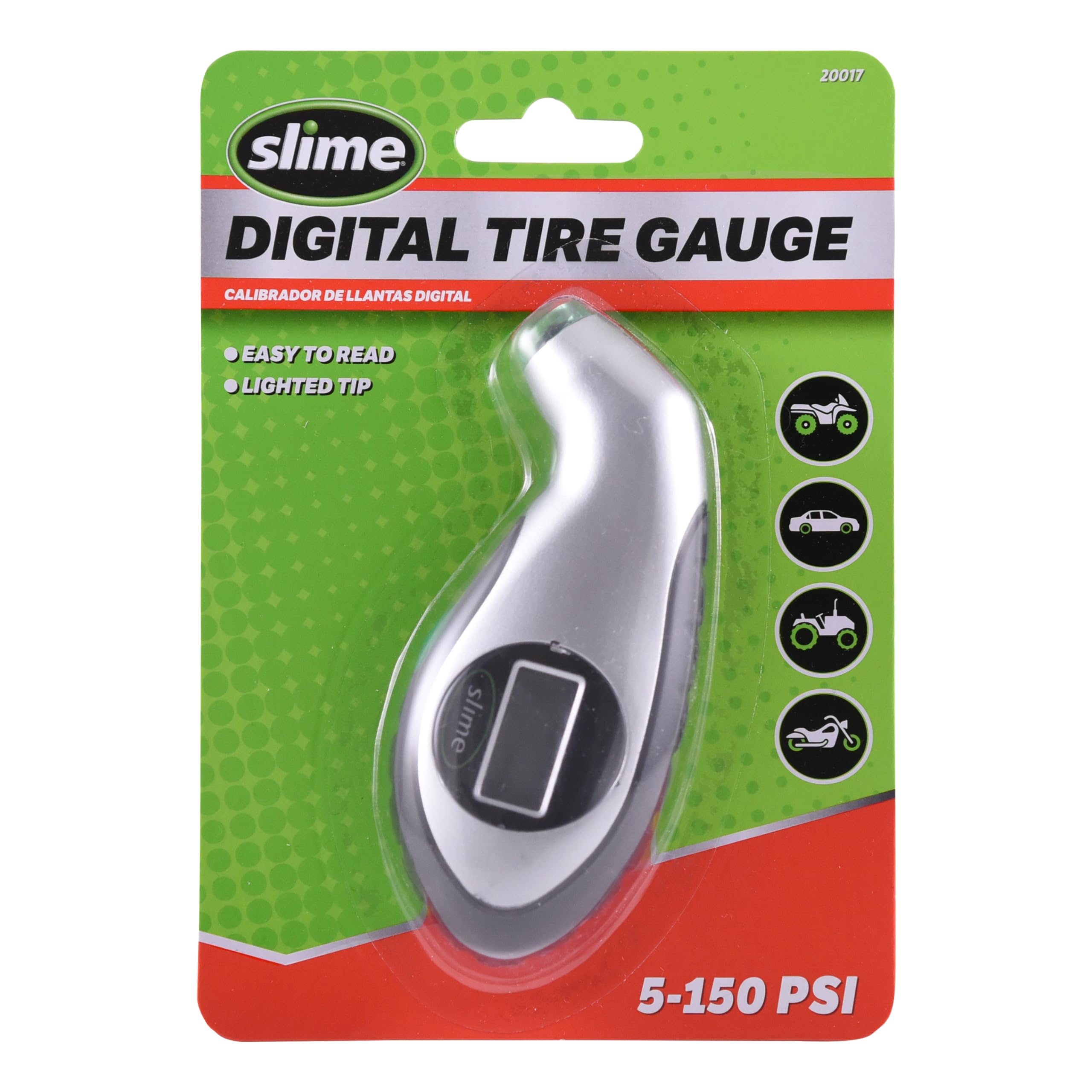 Slime 20017 digital tire gauge display for quick, accurate pressure checks.