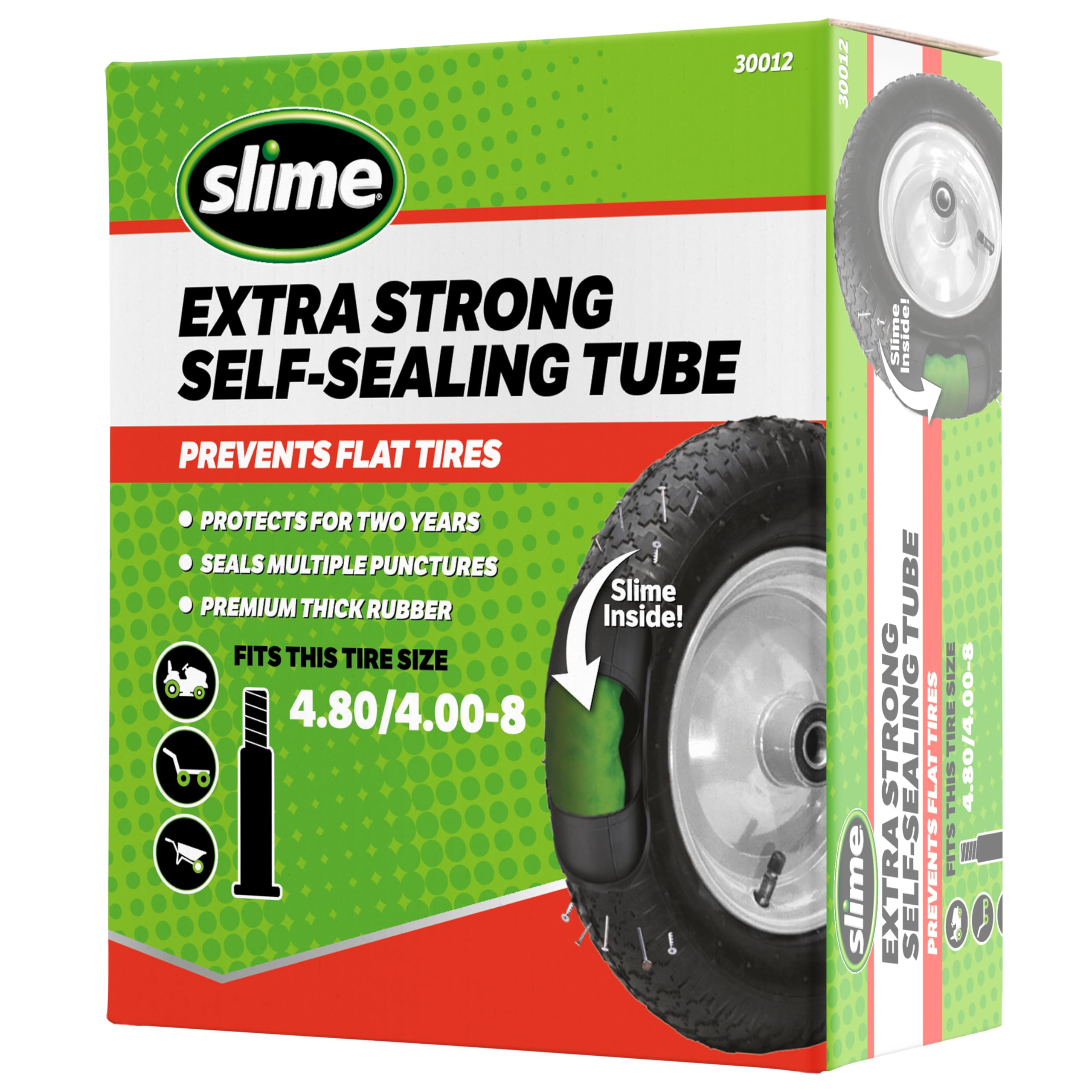 Slime 30012 inner-tube with sealant inside prevents flats during heavy yard work.