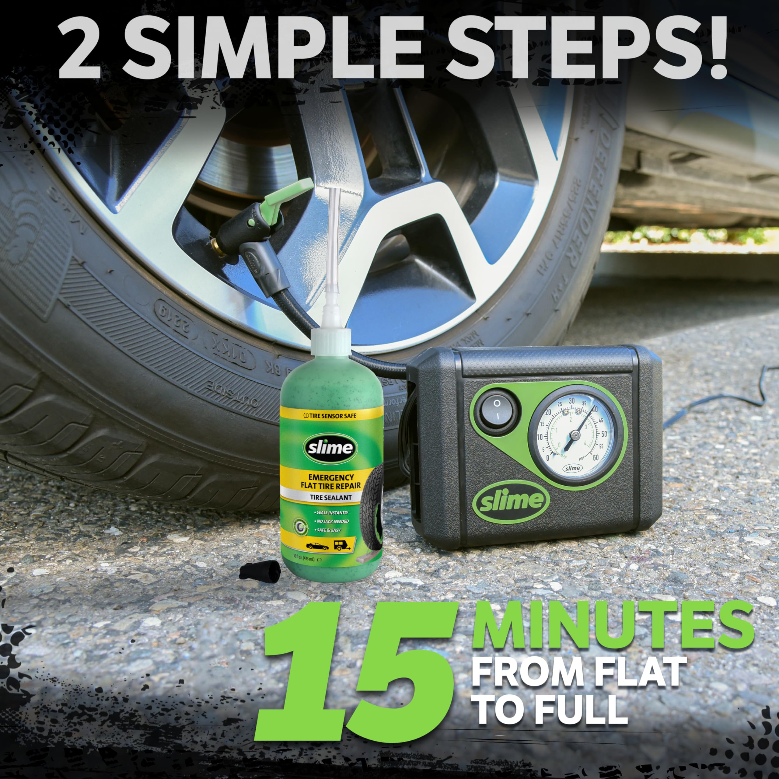 Slime 50107 16oz sealant seals punctures and restores air quickly.