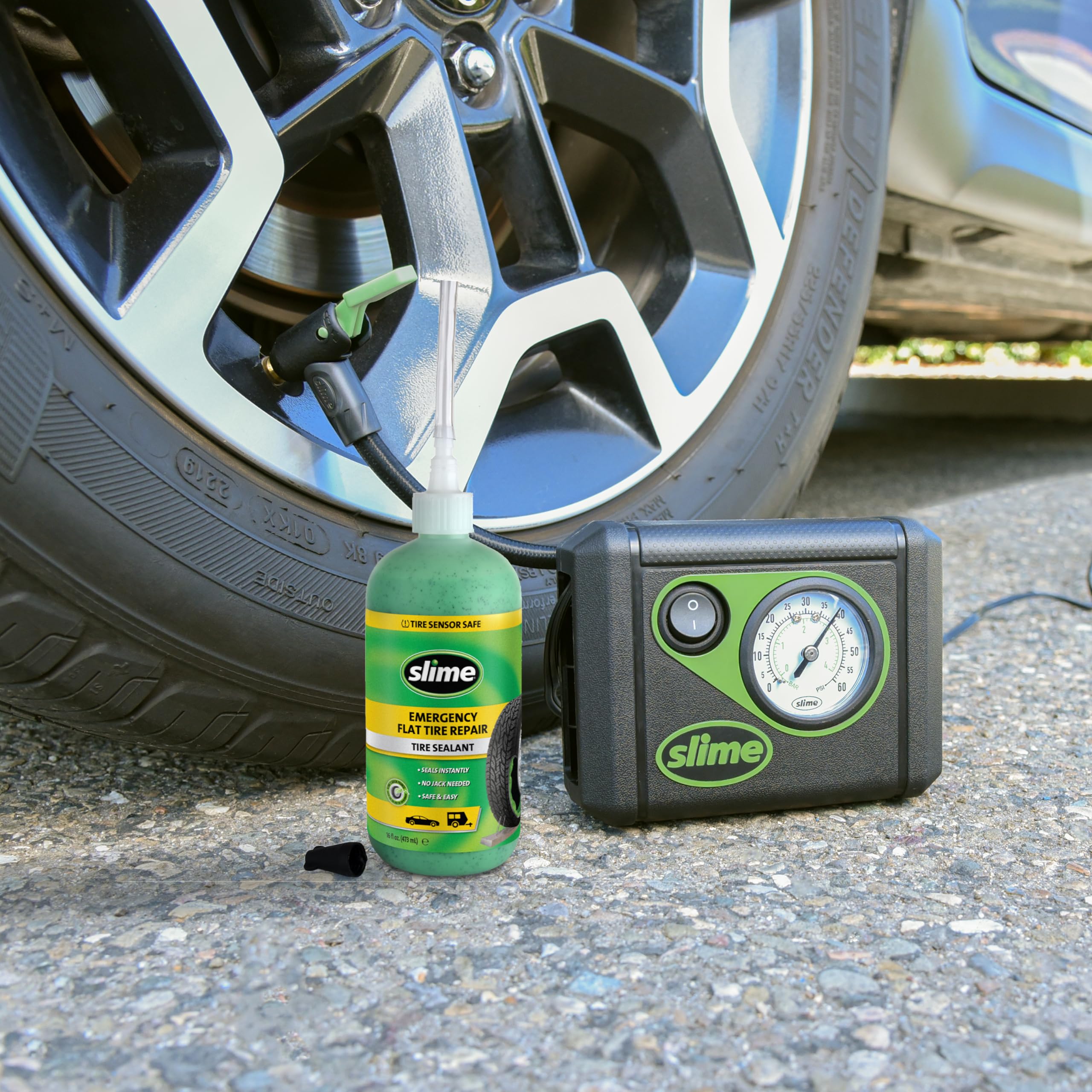 Slime 50107 tire inflator pump demonstrates fast inflation for roadside recovery.