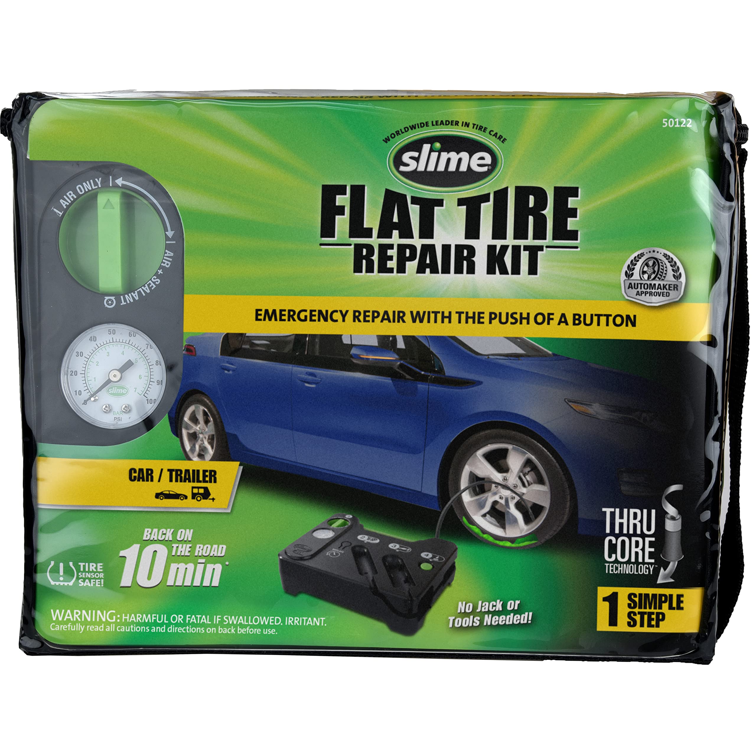 Slime 50122 kit contents for emergency tire repair and inflation on the road.
