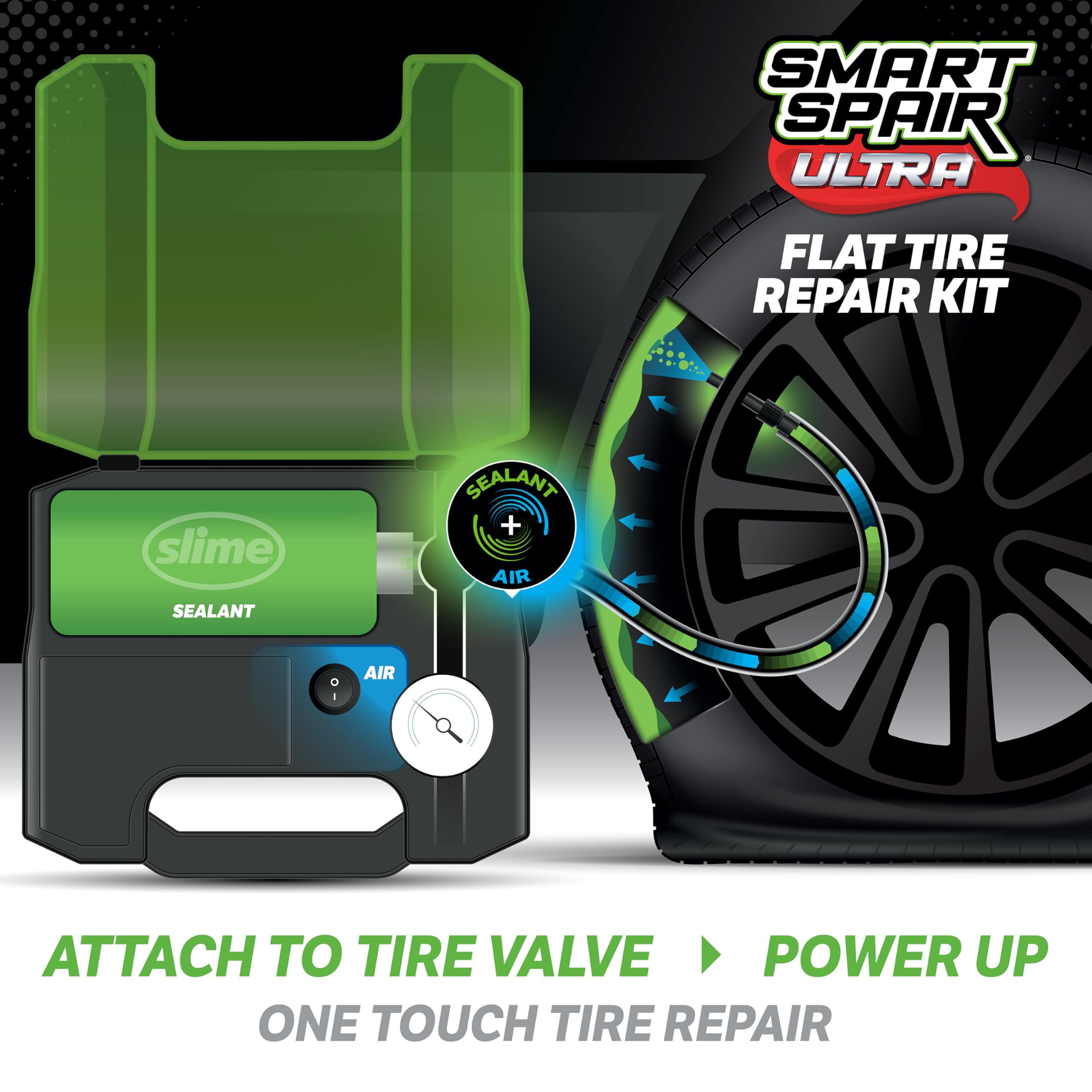 Slime flat tire repair demo illustrates instant sealing and inflation