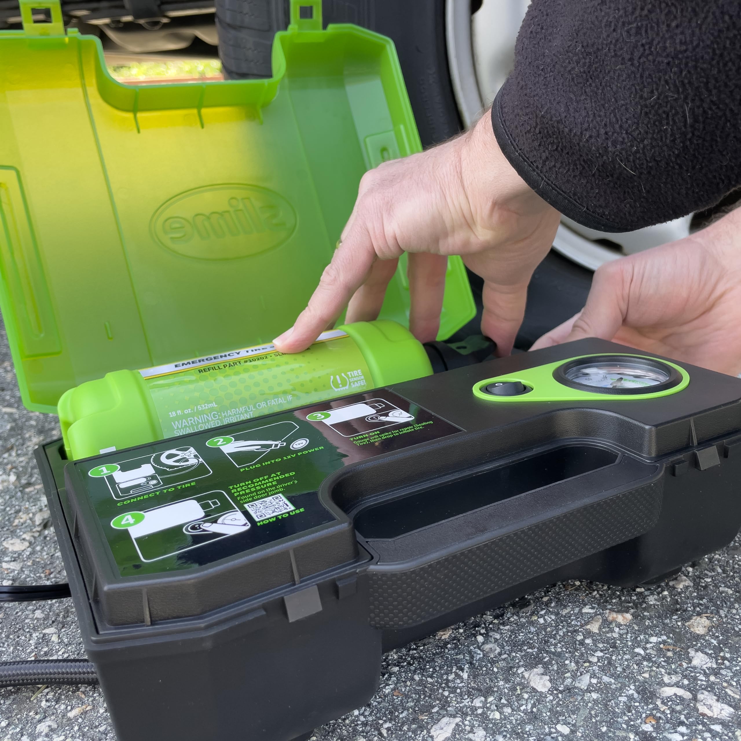 Slime flat tire repair kit components showcase recharge-ready sealant.