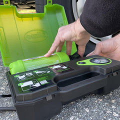 Slime flat tire repair kit components showcase recharge-ready sealant.