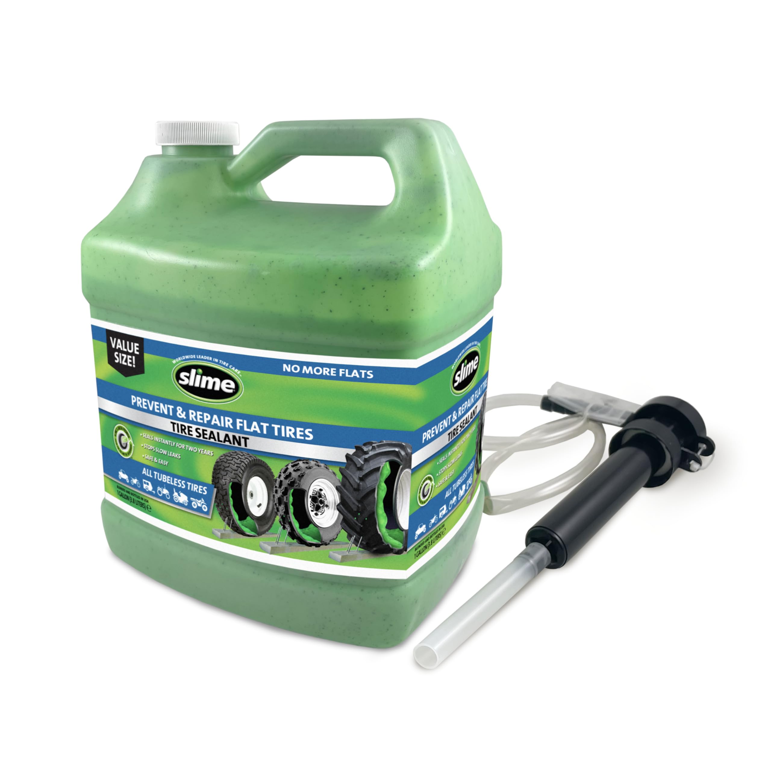 Slime flat-tire sealant 1gal bottle ready to seal tubeless punctures on trails.