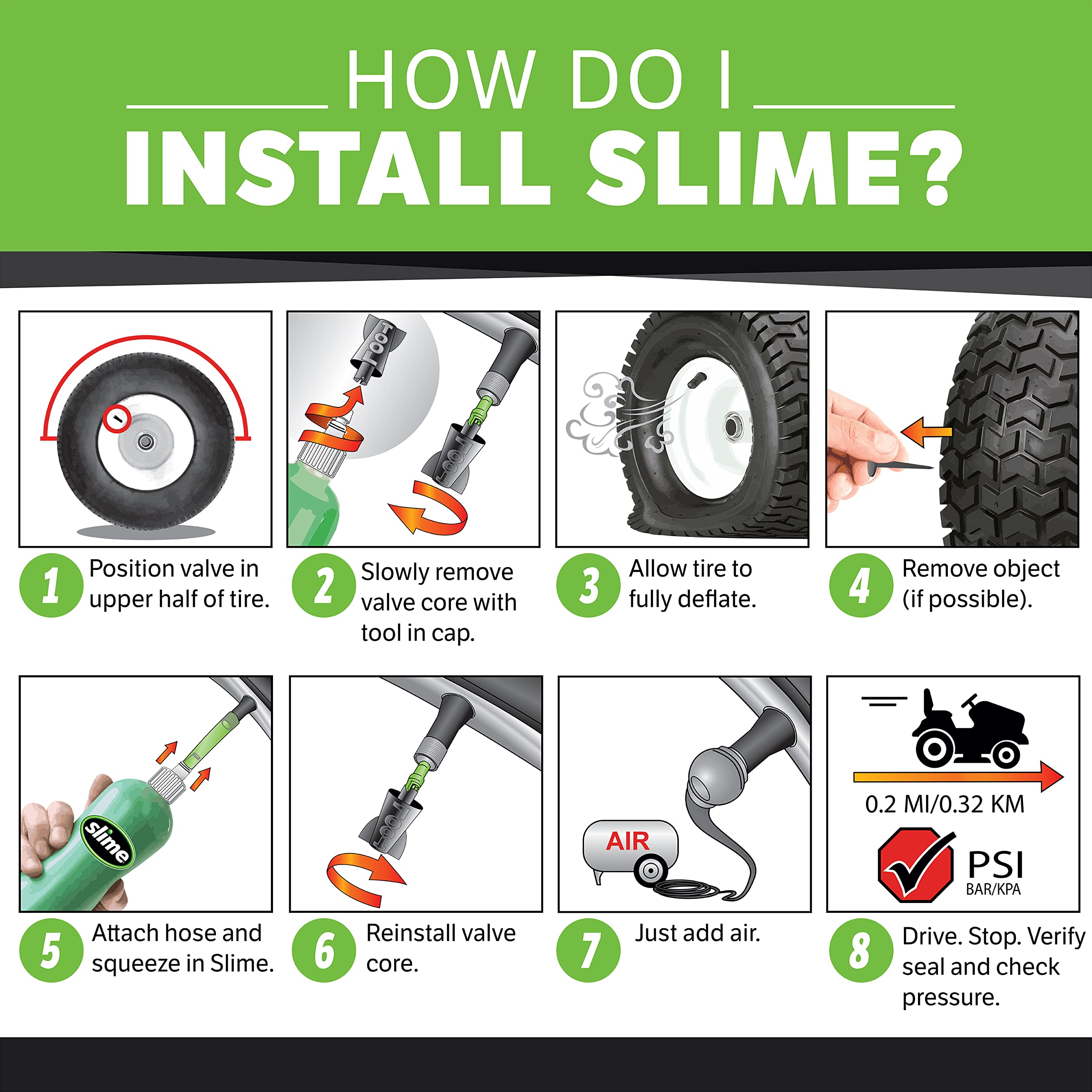 Slime riding mower tire with sealant demonstrates long-lasting protection on off-road tires.