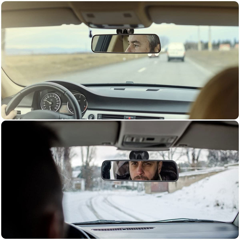 SLIIMU universal fit rear view mirror works with cars, vans, SUVs, trucks, and RVs.