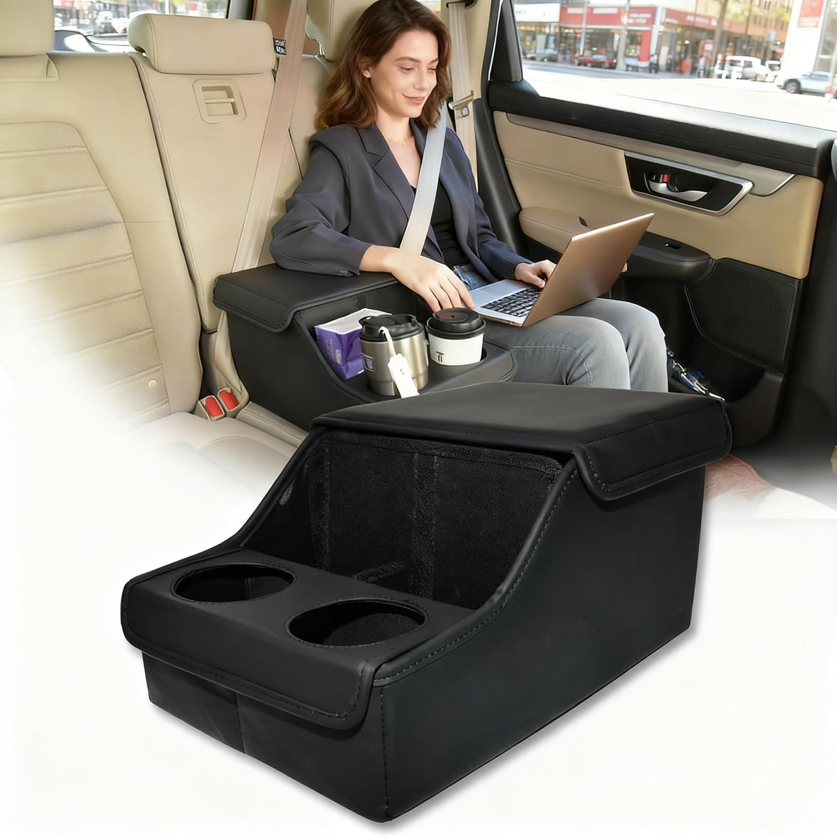 SLOGENTO backseat organizer center tray keeps devices and snacks within easy reach.