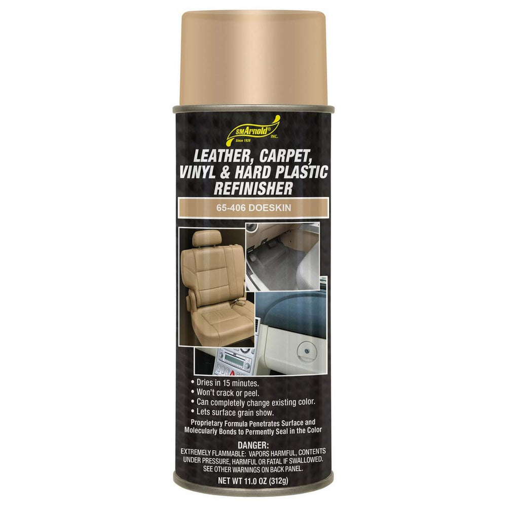 The S.M. Arnold Doeskin 11 oz bottle shows a fast-drying refinisher for leather, vinyl, and plastics.