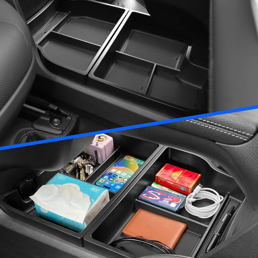 Smabee center-console tray keeps sunglasses, keys, and tissues within reach.