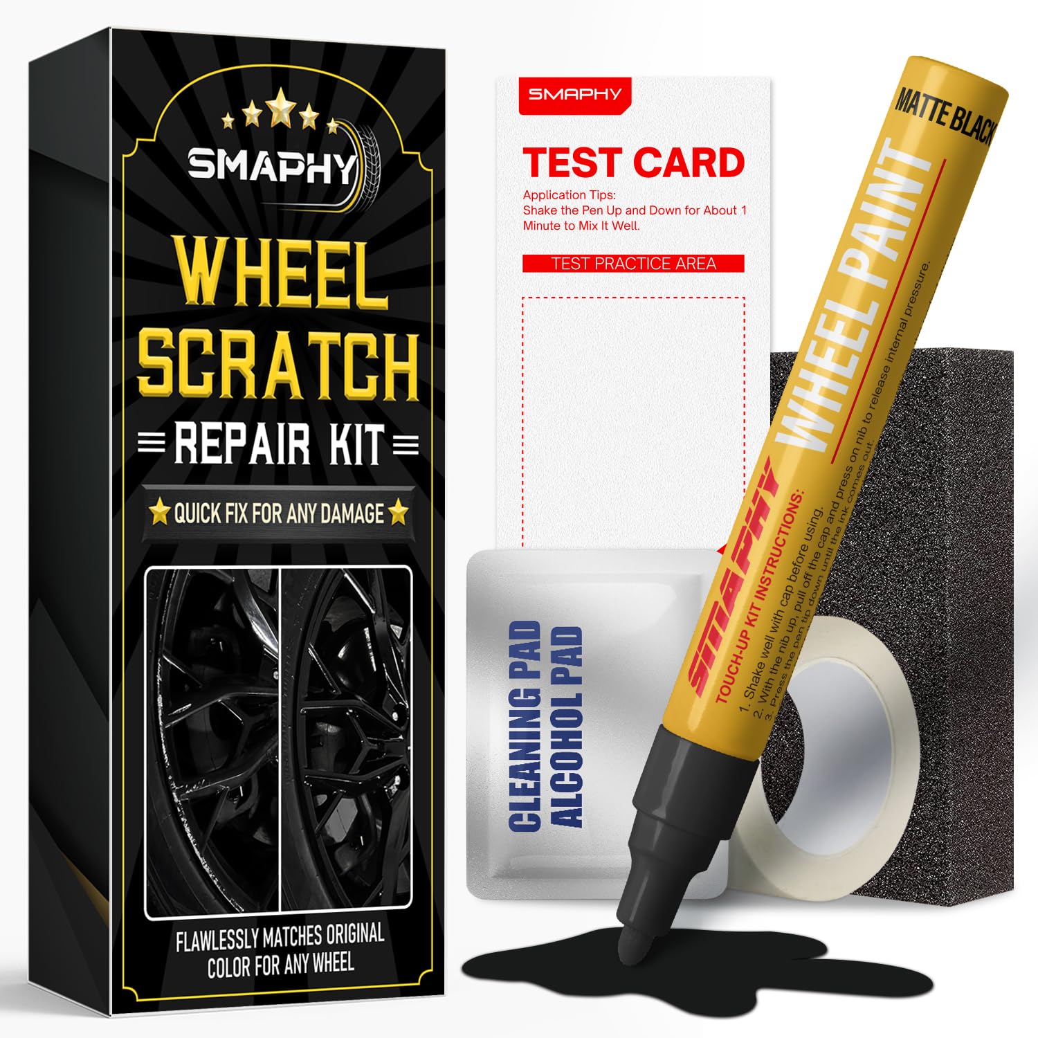 SMAPHY wheel touch-up pen in action concealing curb rash on matte black wheels