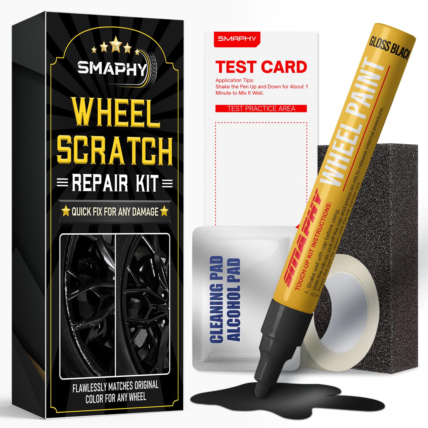 SMAPHY wheel scratch repair pen shown on a gloss black rim for at‑home restoration