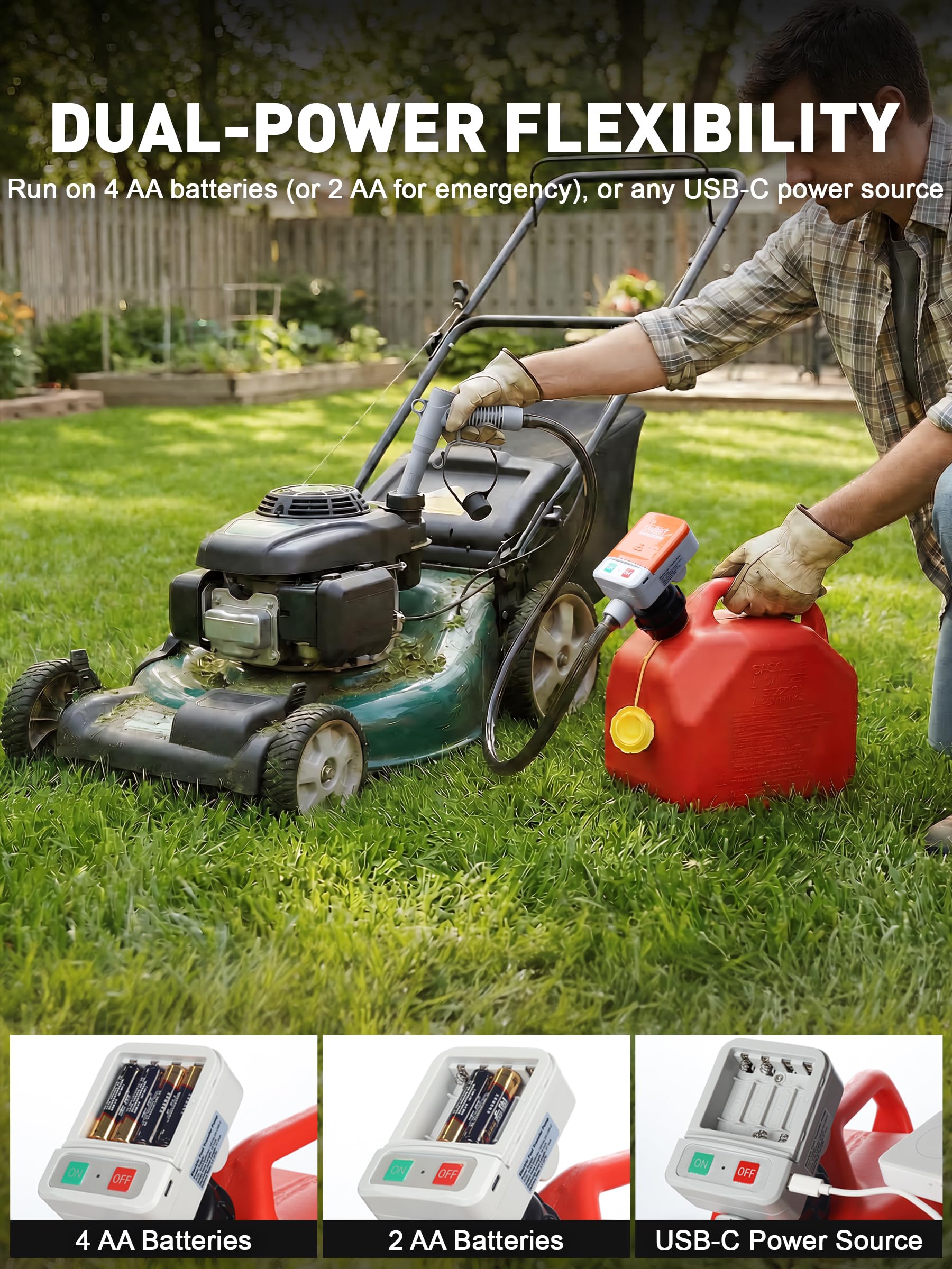 SMART JERRY auto-stop nozzle with audible alarm prevents spills.