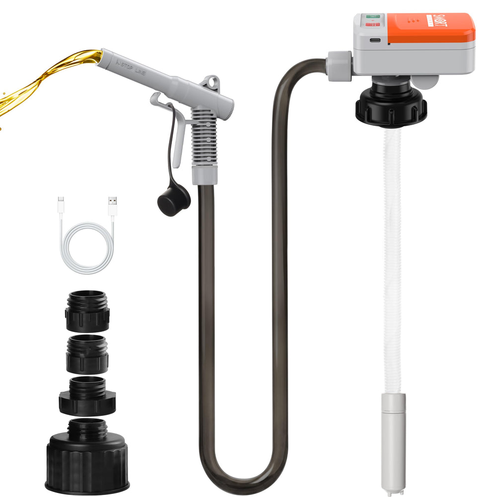 SMART JERRY battery-powered transfer pump in portable cordless setup for fueling on the go.