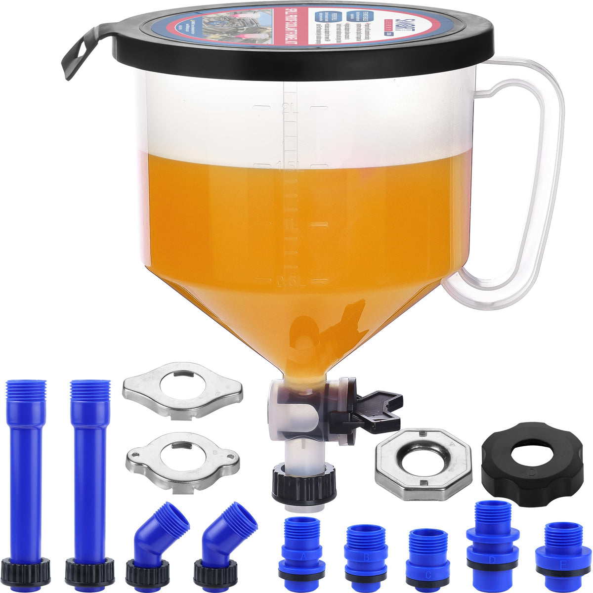 SMART JERRY coolant funnel with translucent body and scale enables precise, mess-free pours.